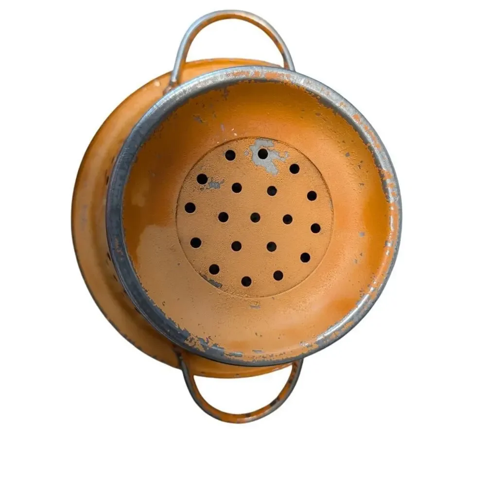 Vintage orange enamelware colander strainer, MCM asthetic, Mini/small size